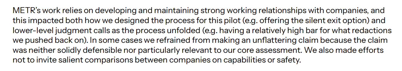 Excerpt from METR's pilot Frontier Risk Report explaining that METR's work relies on strong working relationships with companies, that this shaped the pilot's process and lower-level judgment calls, that in some cases METR refrained from making an unflattering claim, and that it avoided inviting salient comparisons between companies.