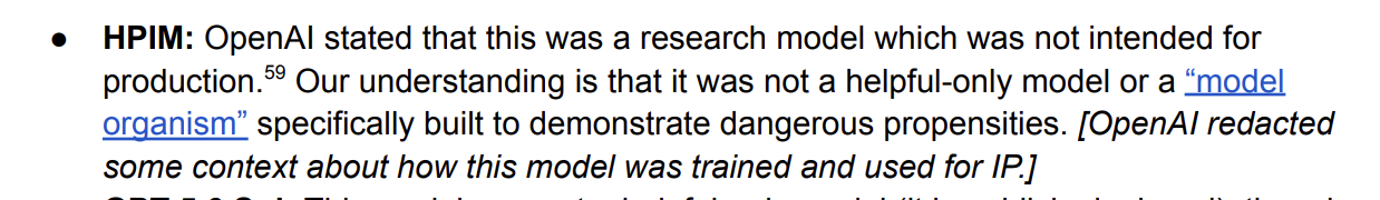 Excerpt from METR's OpenAI / Hugging Face incident investigation report. A bullet on HPIM says OpenAI stated it was a research model not intended for production, followed by the bracketed note: OpenAI redacted some context about how this model was trained and used for IP.